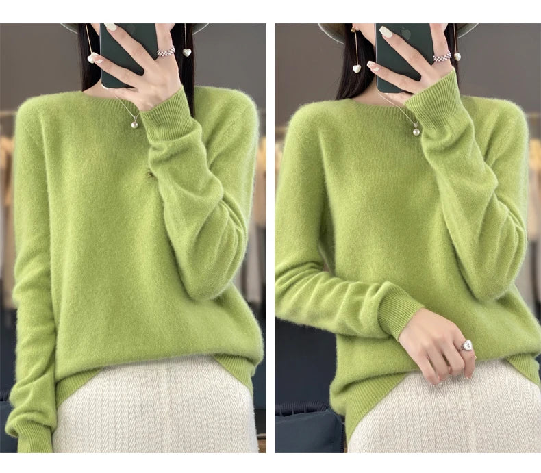 100% Merino Wool Women’s Sweater – Soft Cashmere-Feel O-Neck Pullover, Autumn/Winter Warm Knit Top (14 Colours)