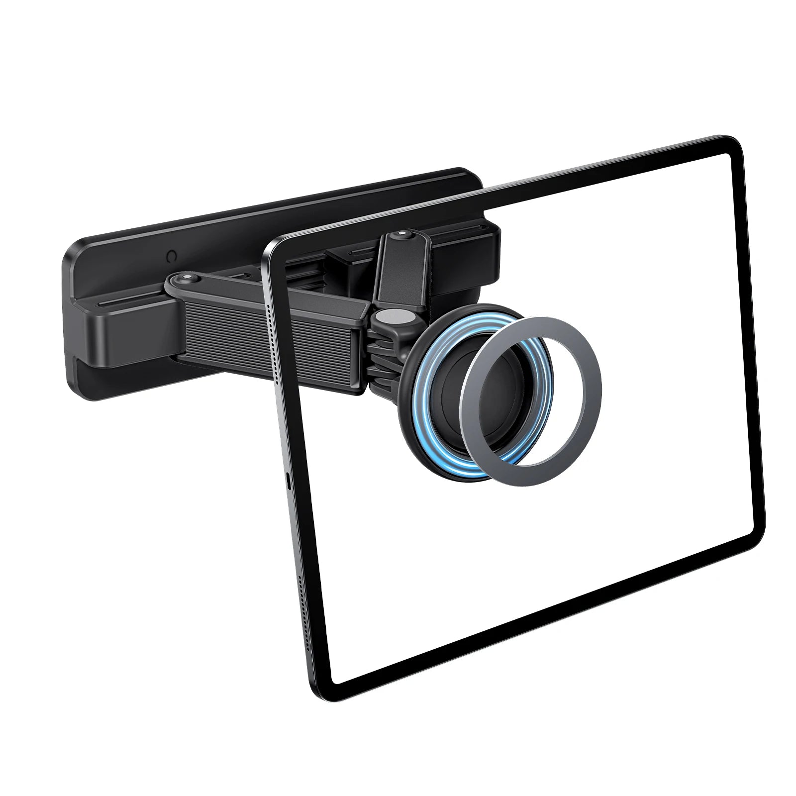 Black camera lens with a magnifying glass on a white background