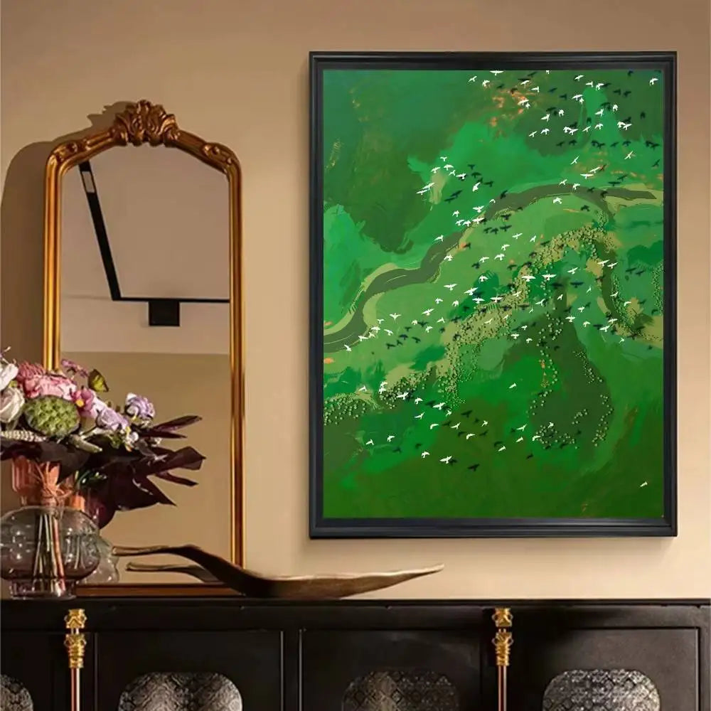 Green Jiangnan self-adhesive landscape art poster in modern Asian style for living room wall decor