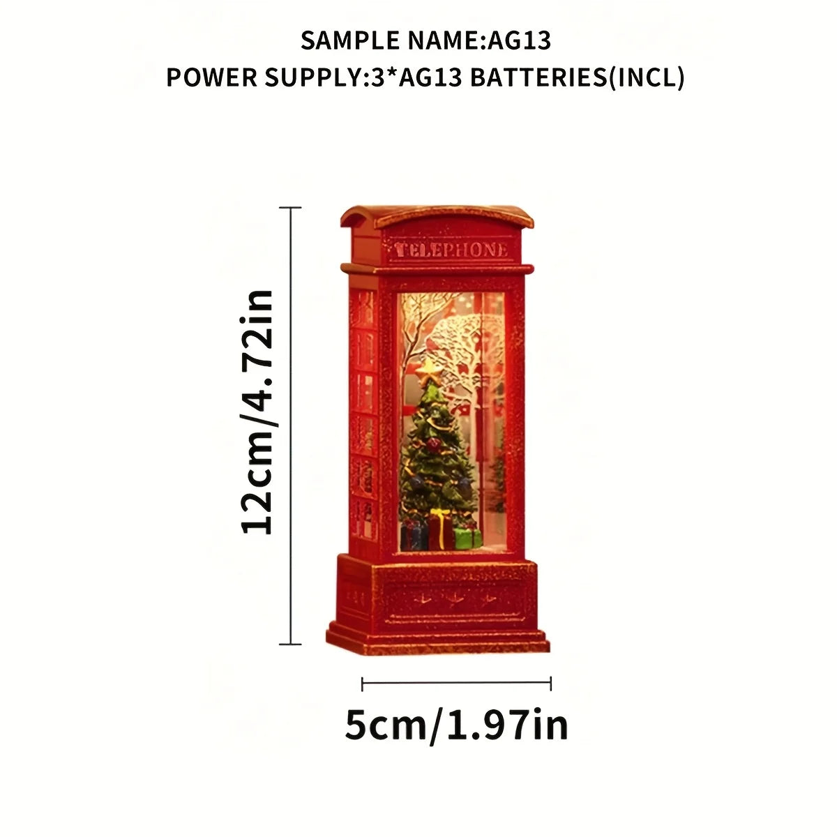 Red telephone booth model with Christmas tree inside, dimensions shown on a white background.