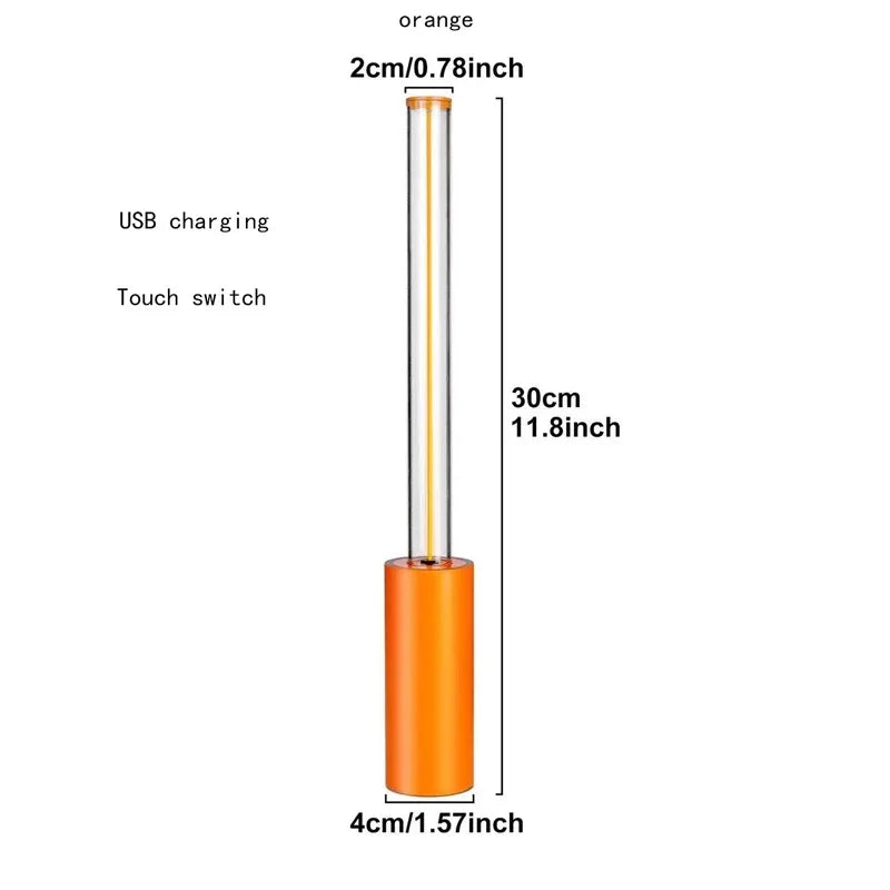 Measurement chart of an orange electronic device with dimensions and features labeled.