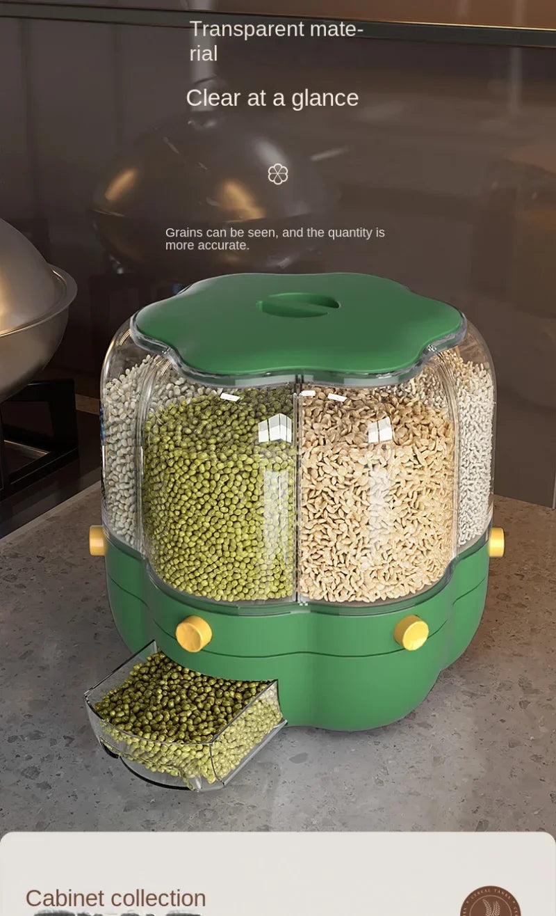 360° rotating cereal and grain dispenser with multiple compartments