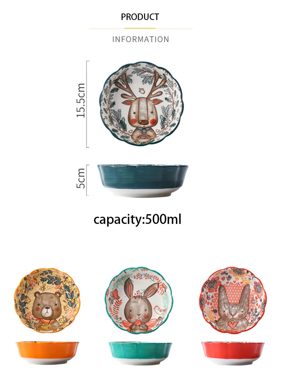 Set of ceramic bowls with animal-themed designs and measurements on a white background