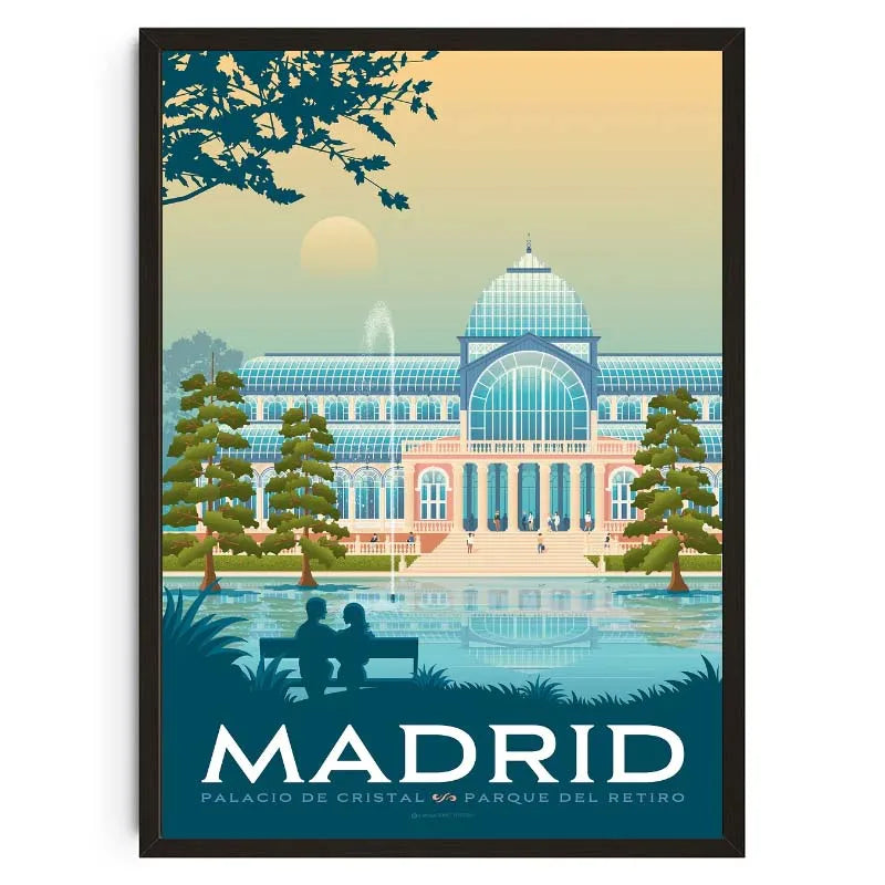 Poster of Palacio de Cristal and Parque del Retiro in Madrid with a couple sitting on a bench.