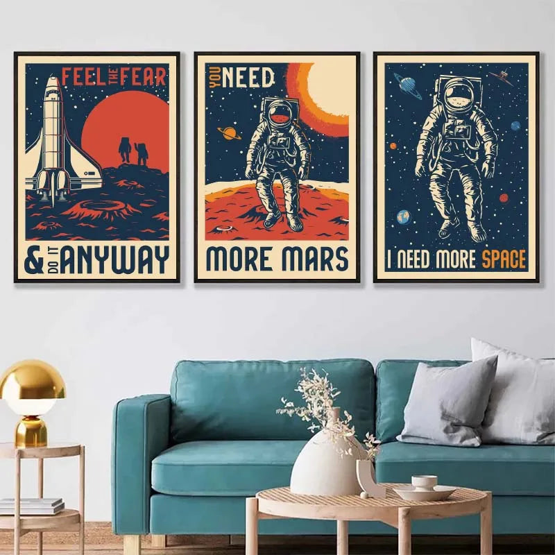 Vintage Space Wall Art – Retro Astronaut & Rocket Illustration Canvas Prints