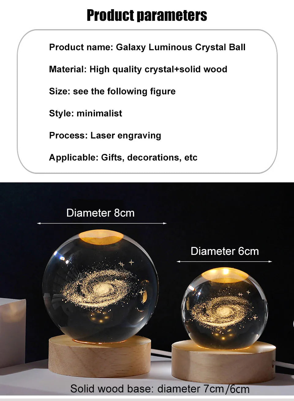 Galaxy Luminous Crystal Ball with solid wood base, featuring product parameters and dimensions.