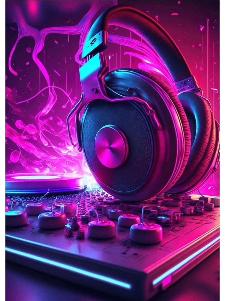 Neon-colored headphones on a DJ turntable with a vibrant, abstract background