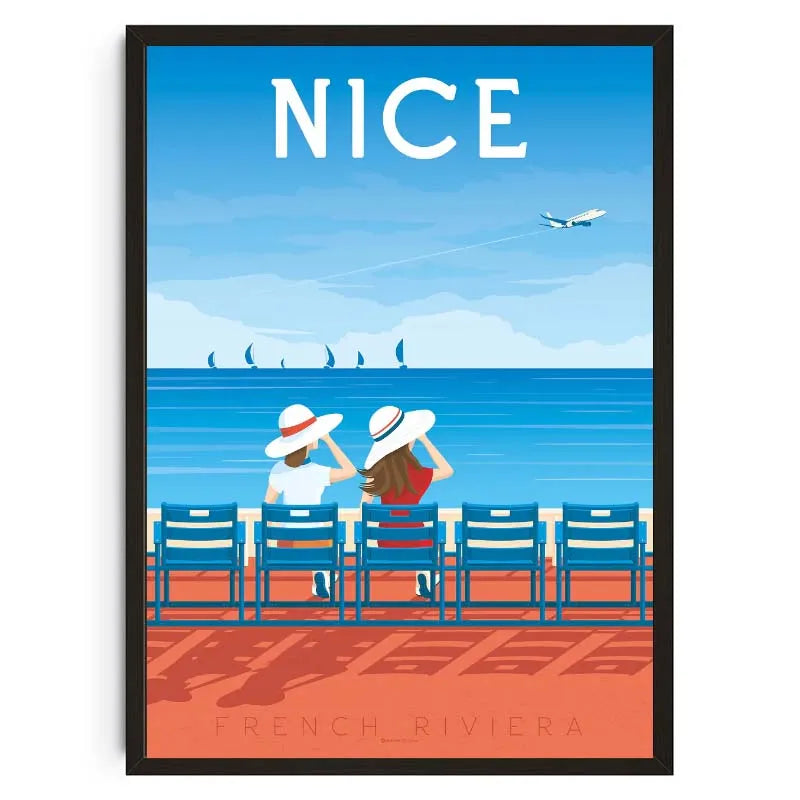 Poster of Nice with people sitting by the sea and an airplane.