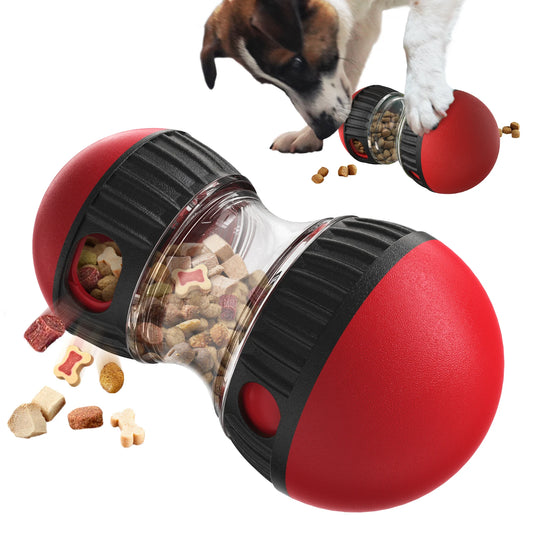 Red and black dog toy with food inside, being interacted with by a dog.