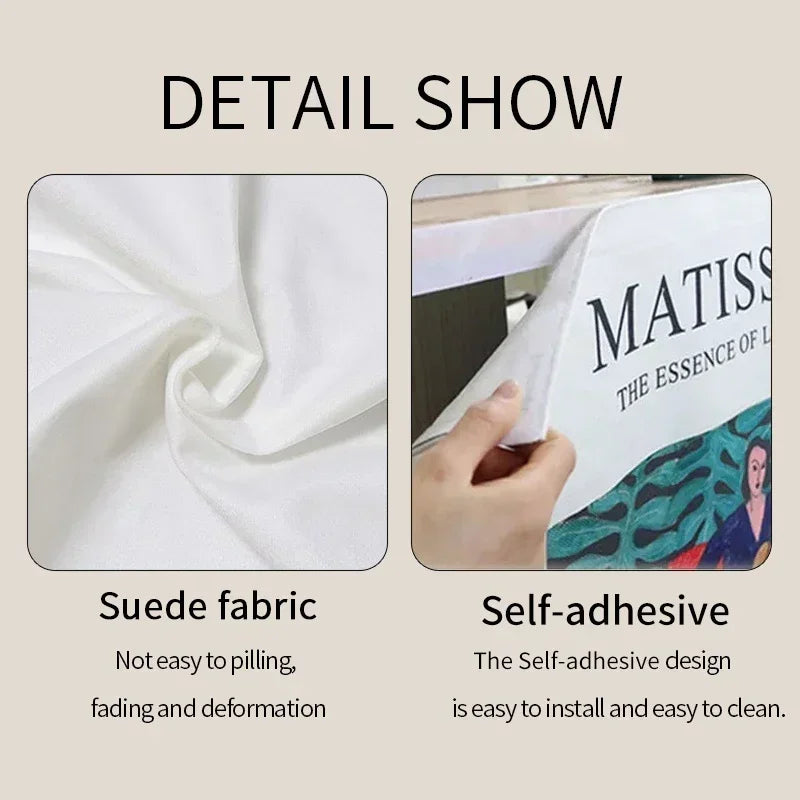 Suede fabric detail with a self-adhesive mat showing the brand 'MATISS'.