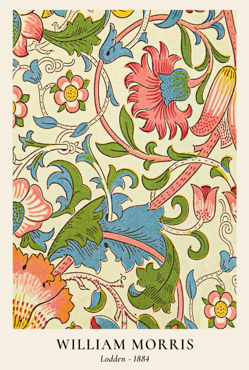 Floral pattern with William Morris signature and 'Lodden 1884' text on a beige background