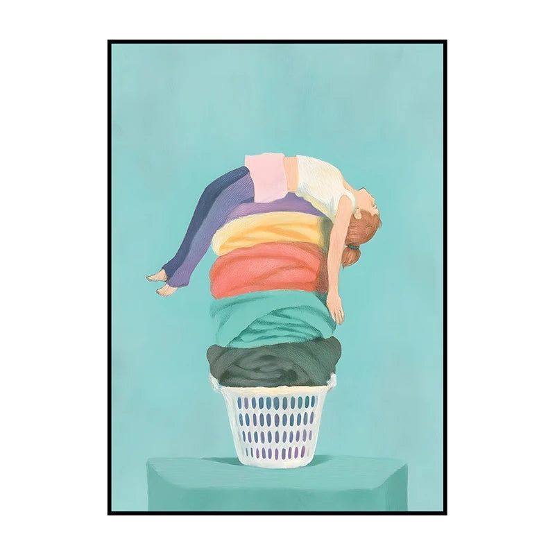 Illustration of a person stacked on top of a laundry basket with colorful clothes on a light blue background.
