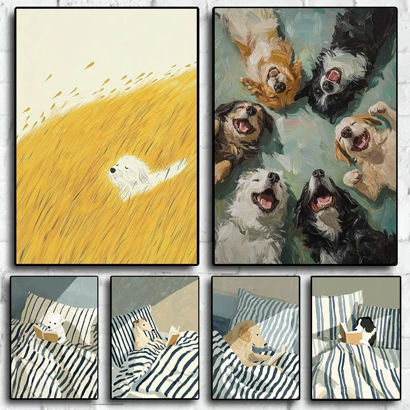 Vintage style dog art prints featuring cozy reading dogs and painterly animal illustrations for warm contemporary wall decor