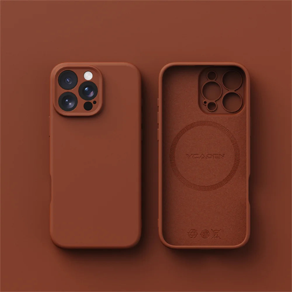 Brown phone case with brand logo on a brown background