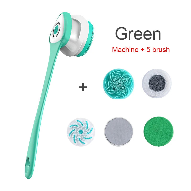 Green cleaning machine with five interchangeable brushes on a white background