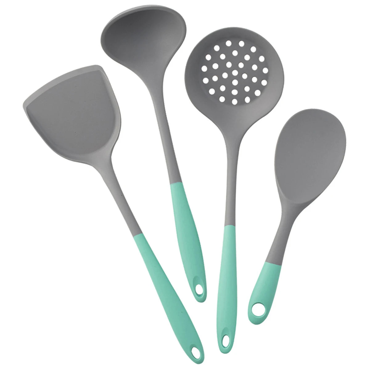 Set of four gray kitchen utensils with turquoise handles on a white background