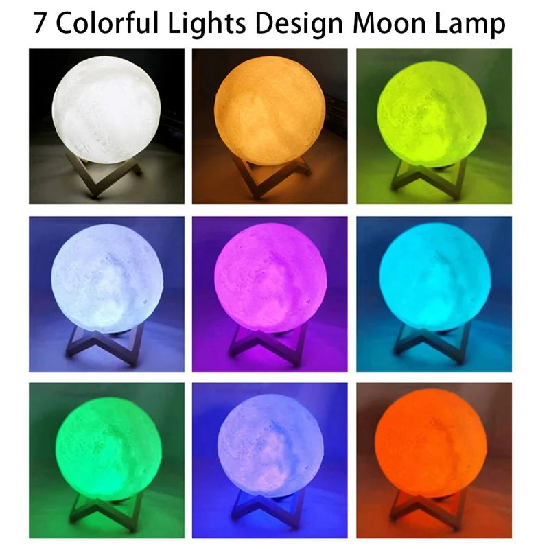 Moon lamp with 7 colorful light designs on a white background
