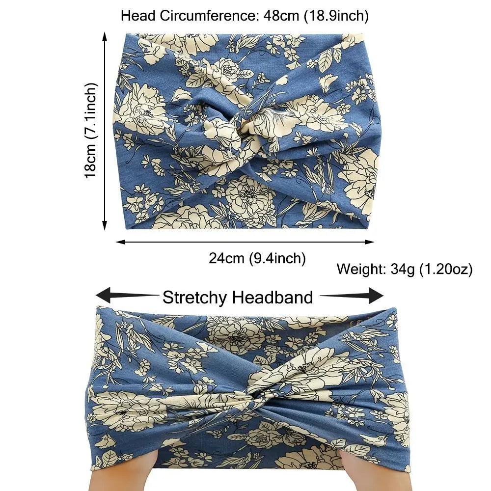 Blue floral headband with measurements and details on a white background