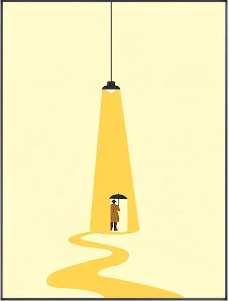 Illustration of a person with an umbrella standing under a yellow pendant light fixture.