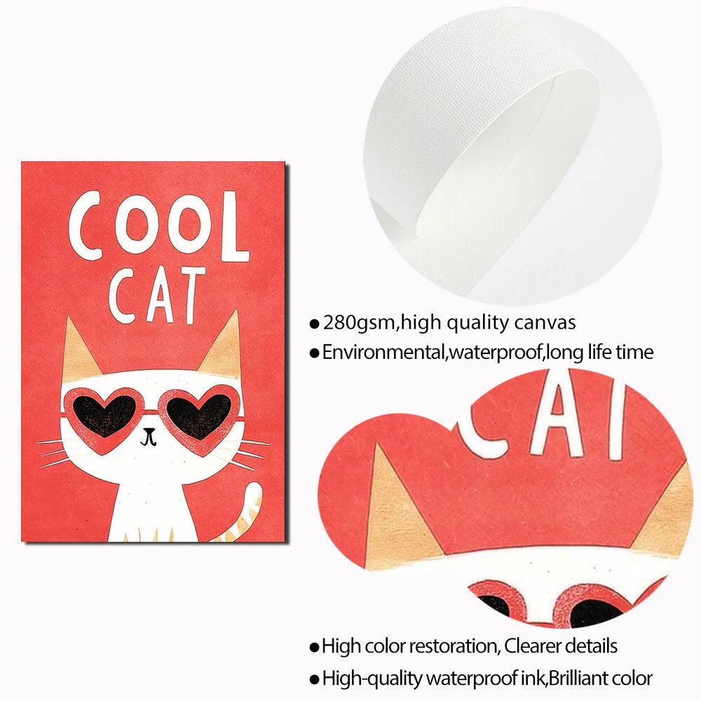 Canvas print with a cat design and text 'Cool Cat' on a red background, along with a white cup and additional cat-themed product.