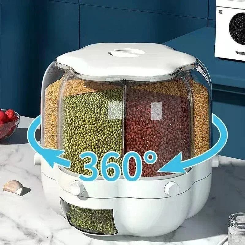 360° rotating cereal and grain dispenser with multiple compartments