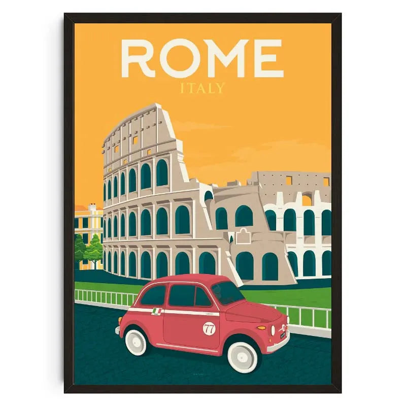 Poster of the Colosseum in Rome with a red car in front, on an orange background.