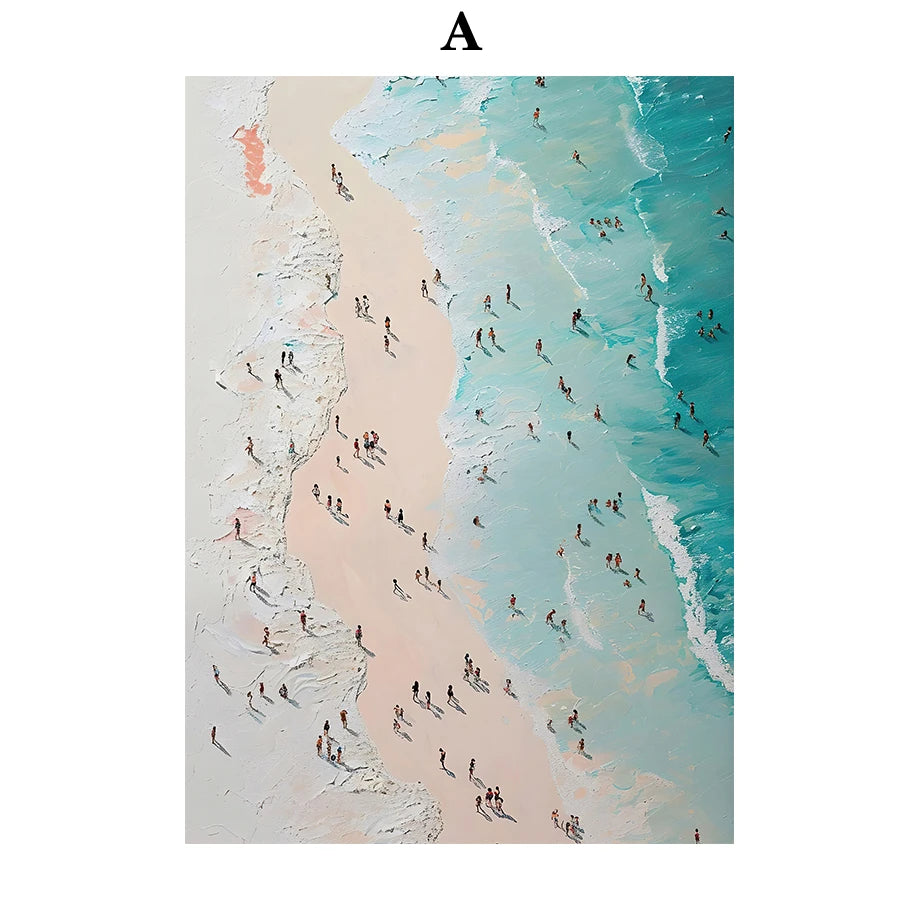 Aerial view of a beach with people enjoying the water and sand.