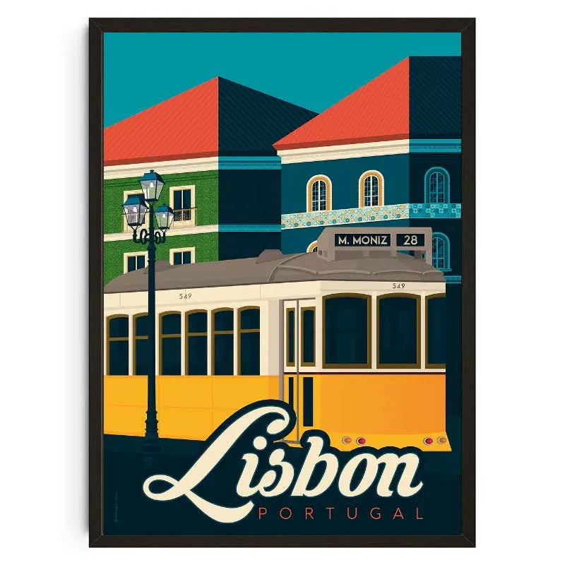Framed artwork of a Lisbon street scene with a tram and colorful buildings.