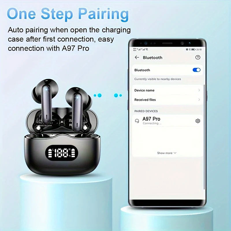 Black wireless earbuds with charging case and smartphone showing Bluetooth connection on a light blue background