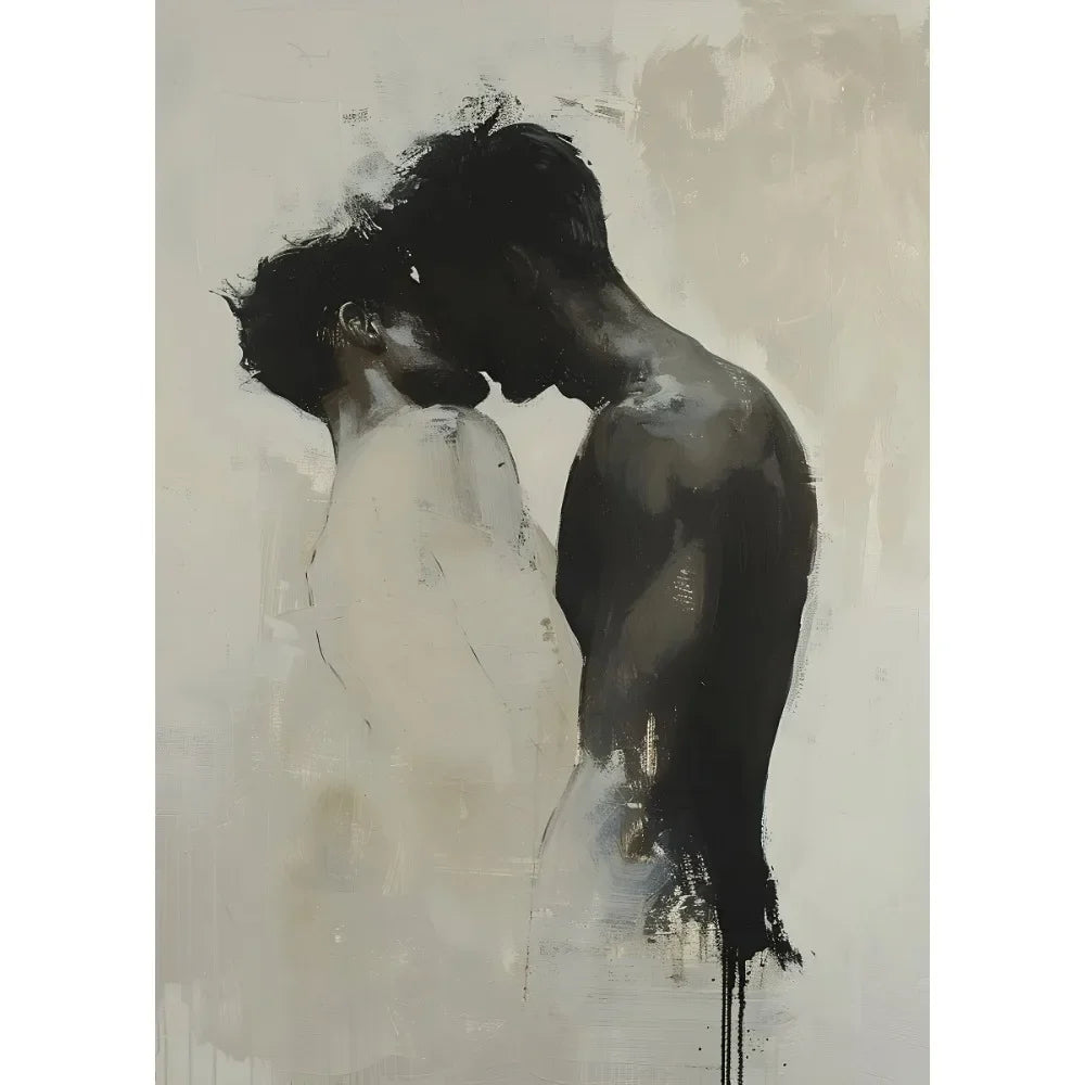 Abstract painting of two figures embracing on a textured background