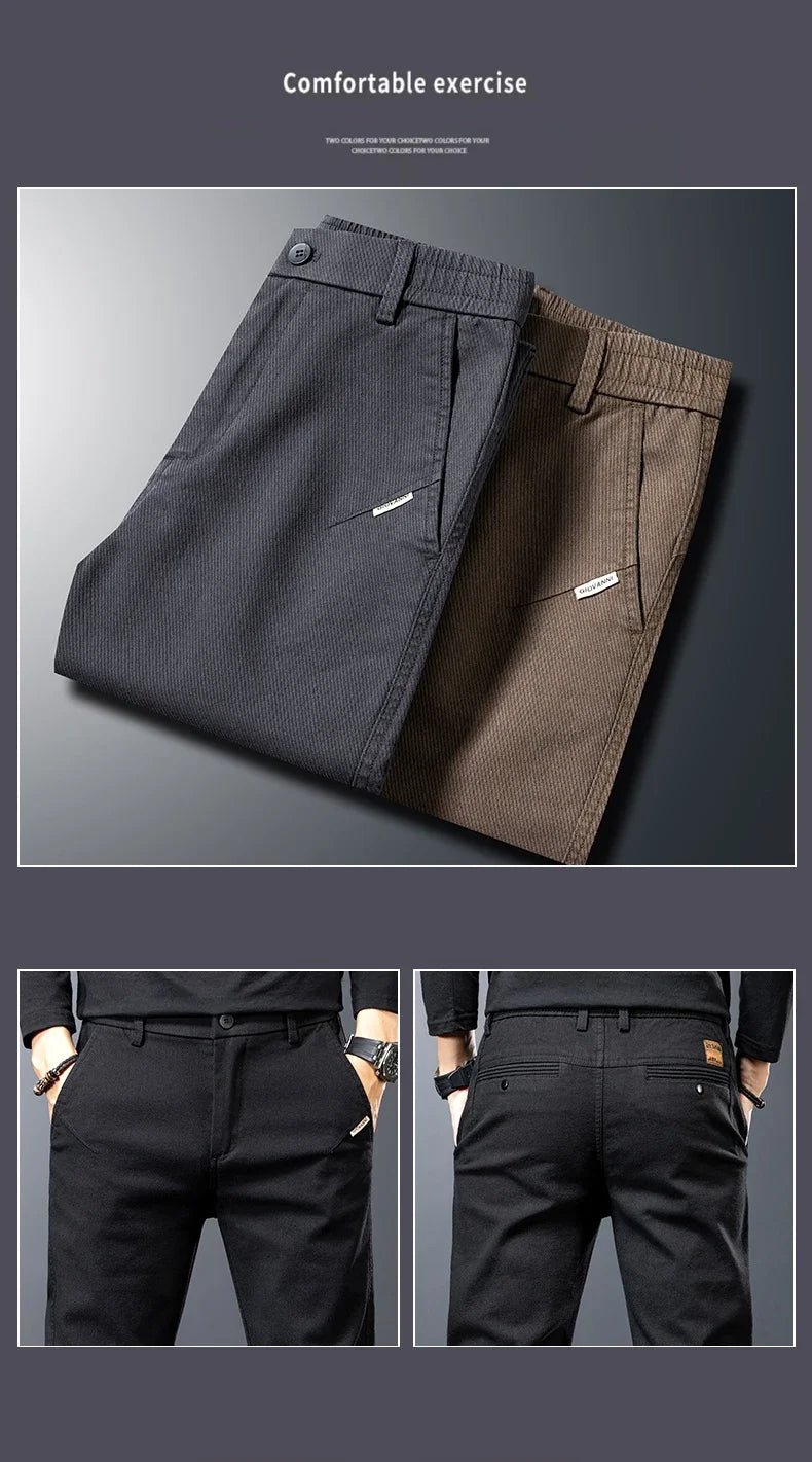 Two pairs of pants, one black and one brown, displayed against a gray background with text 'Comfortable exercise'.