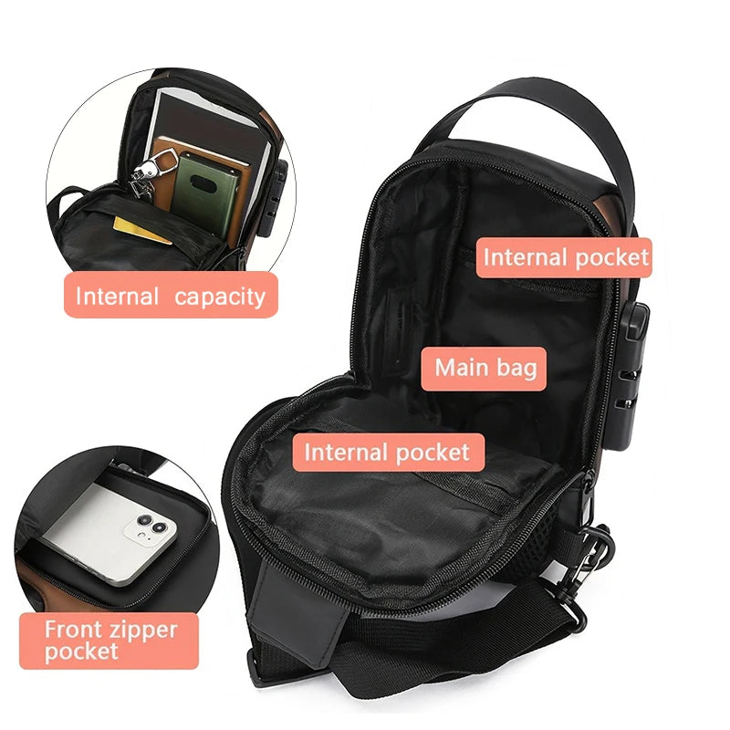 Black backpack with labeled compartments on a white background