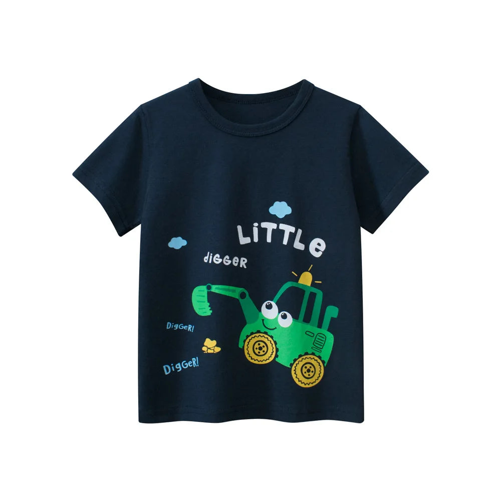 Navy blue t-shirt with green digger graphic and 'Little Digger' text on a white background