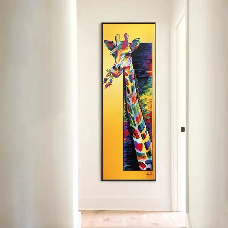 Colorful abstract giraffe painting on a wall