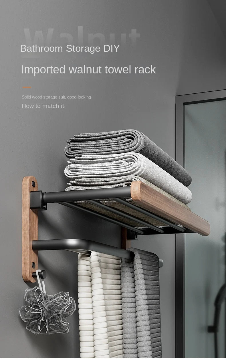 Bathroom storage DIY towel rack with towels on a gray wall.