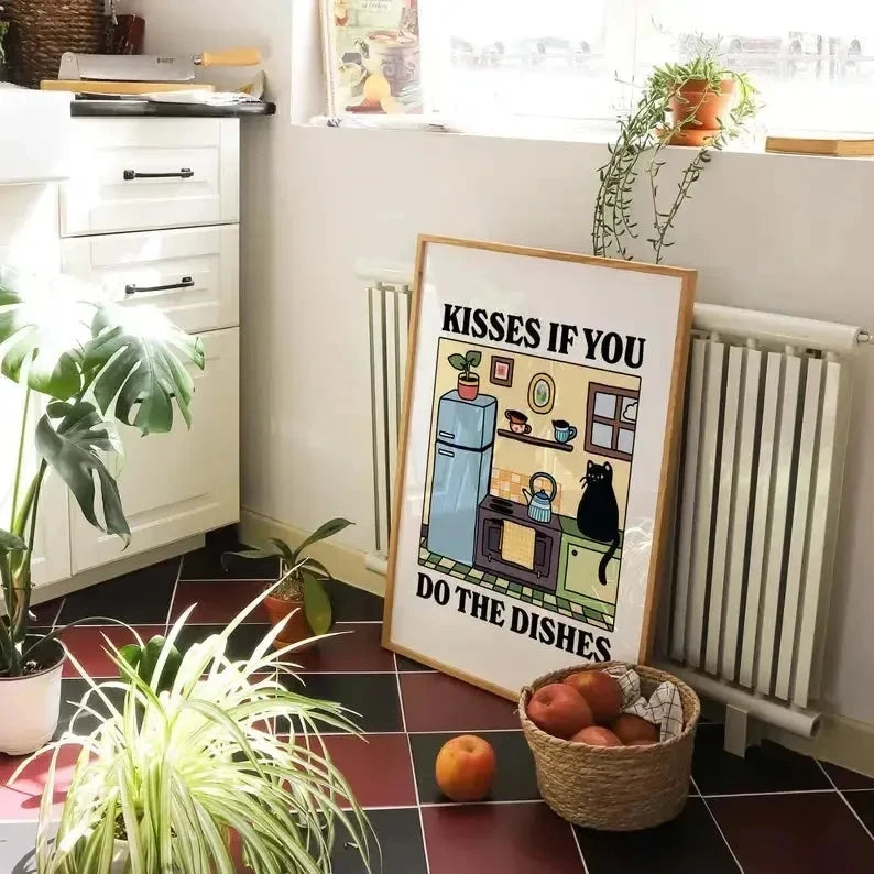 Kisses If You Do The Dishes cartoon cat kitchen wall art print in wooden frame