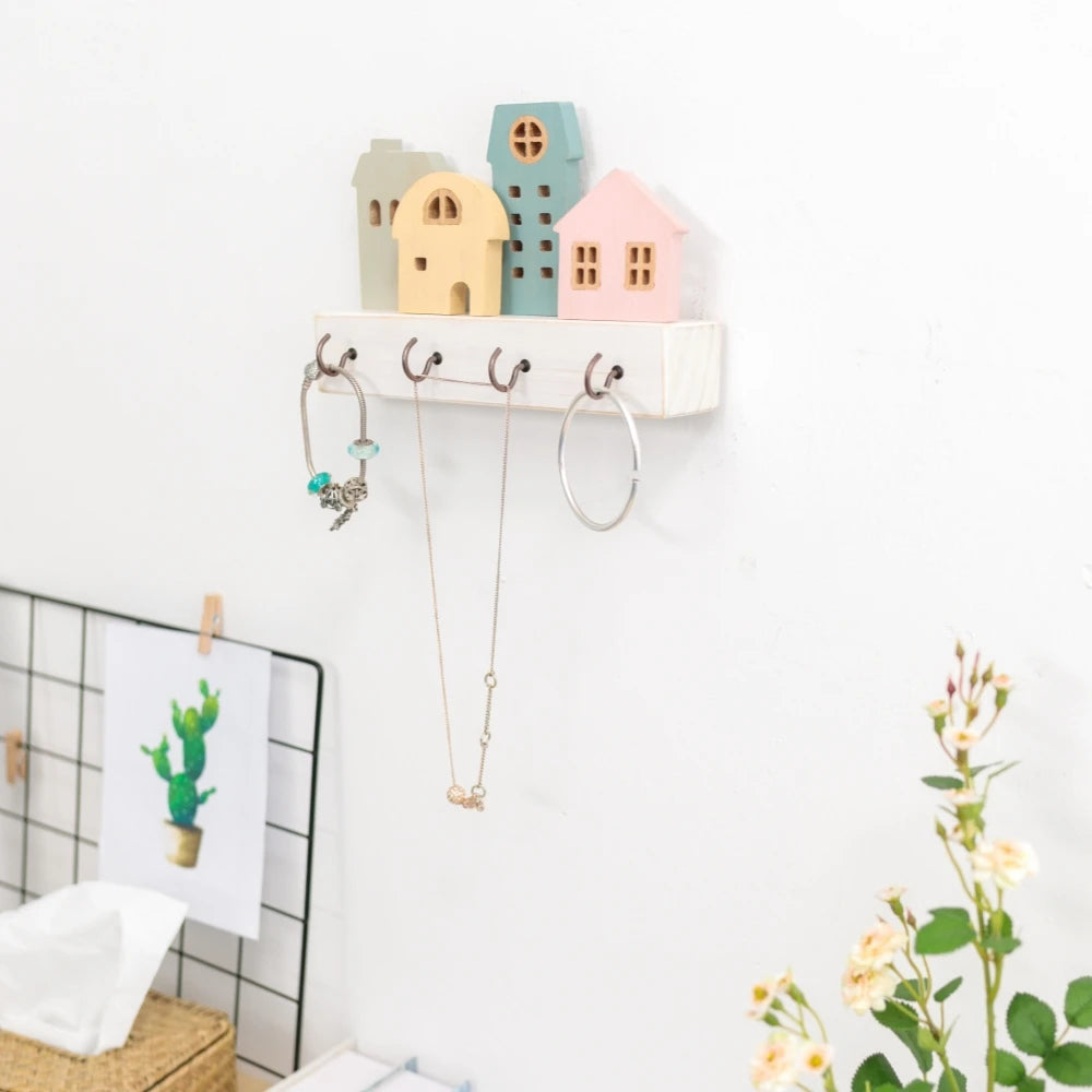 Cute Wooden House Key Hook Shelf – Decorative Wall Storage