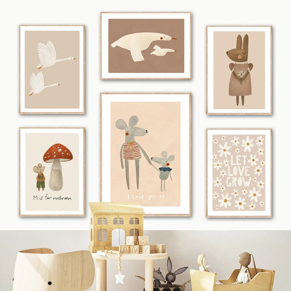 Set of framed illustrations on a wall with toys below