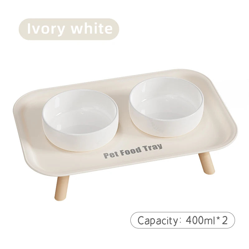 Ivory white pet food tray with two bowls on a white background