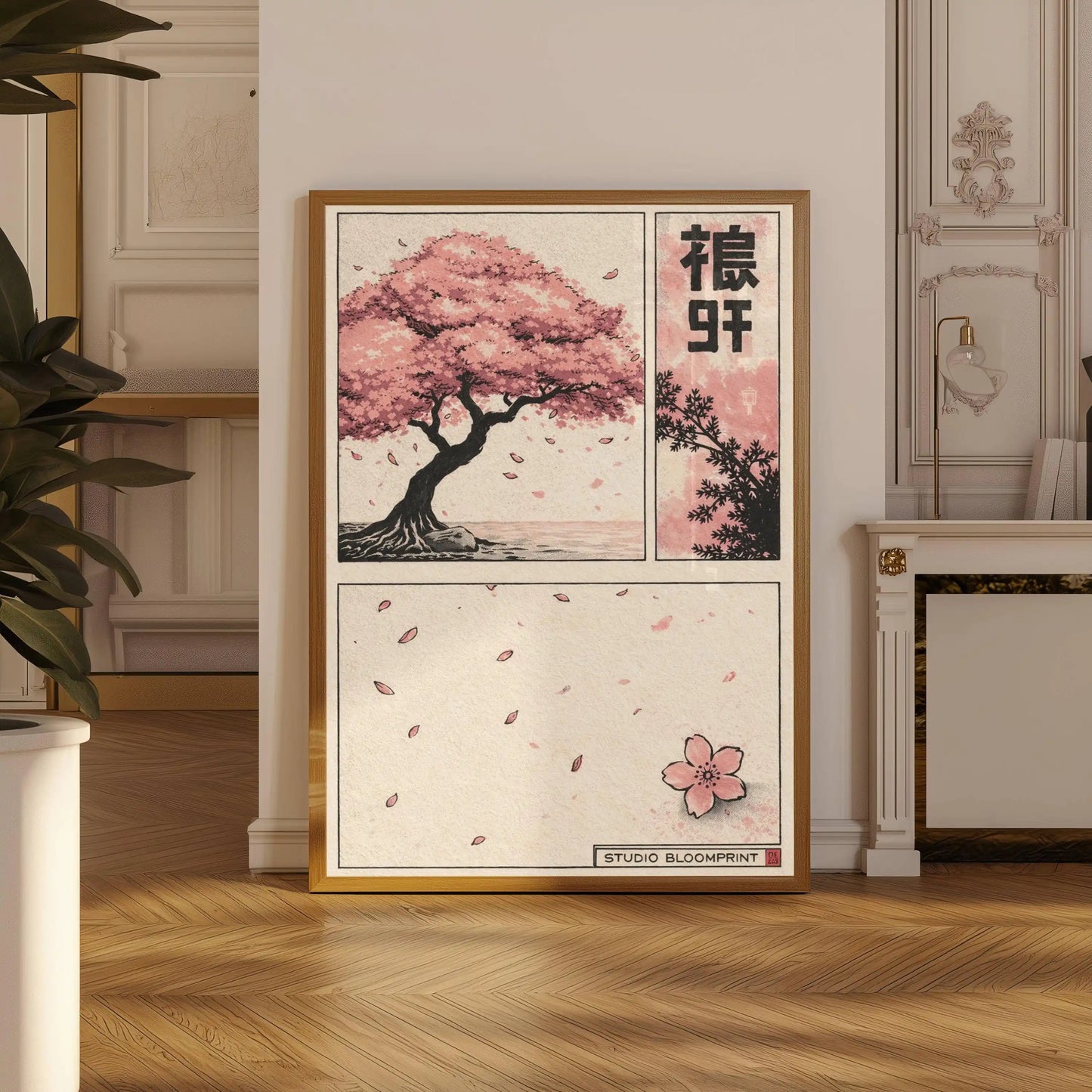 Framed artwork of a cherry blossom tree in a room with decorative elements.