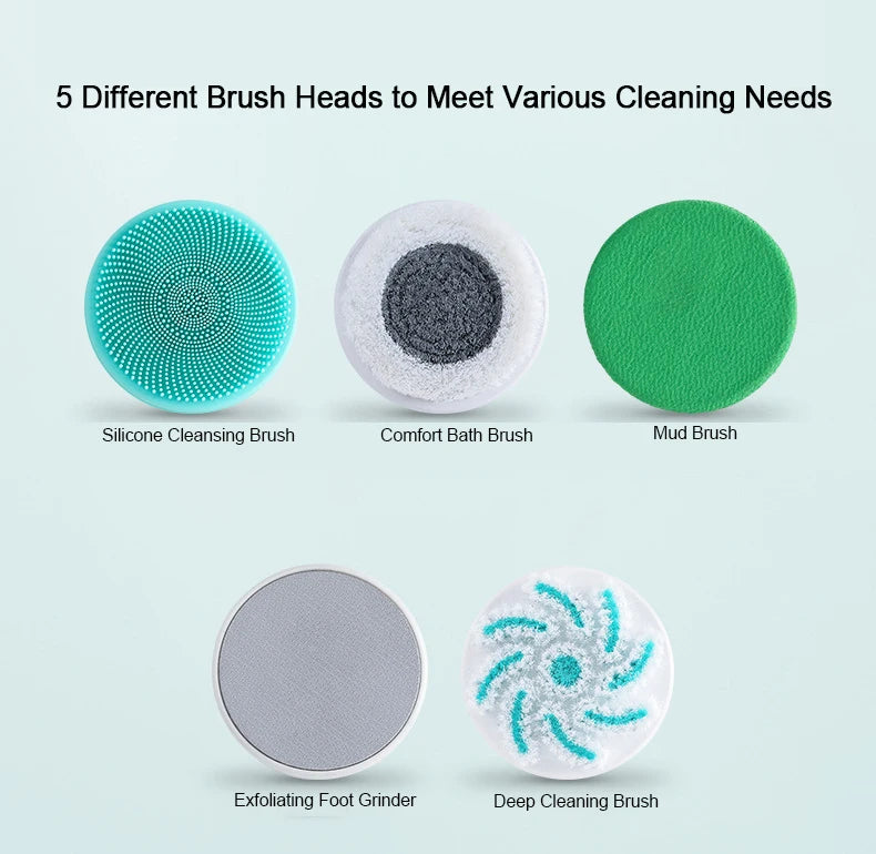 Five different brush heads for cleaning with labels on a light blue background