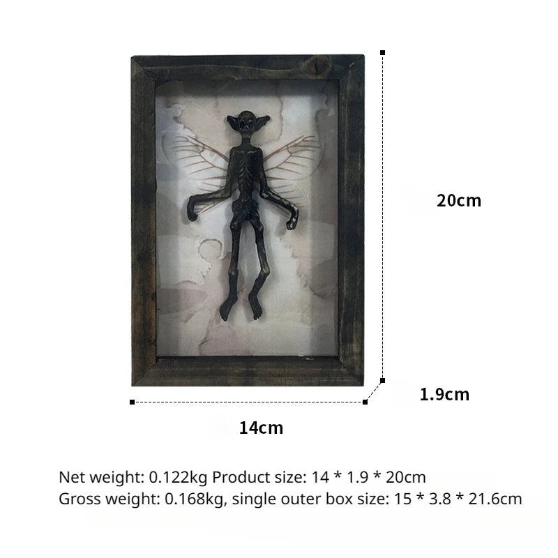 Decorative figure in a shadow box with dimensions and product details.