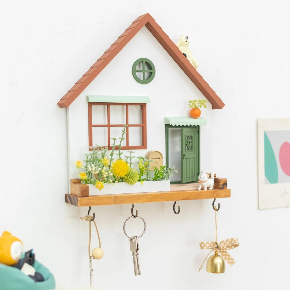 Cute Wooden House Key Hook Shelf – Decorative Wall Storage