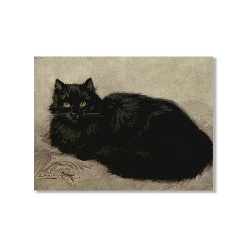 Artistic depiction of a black cat on a textured beige background