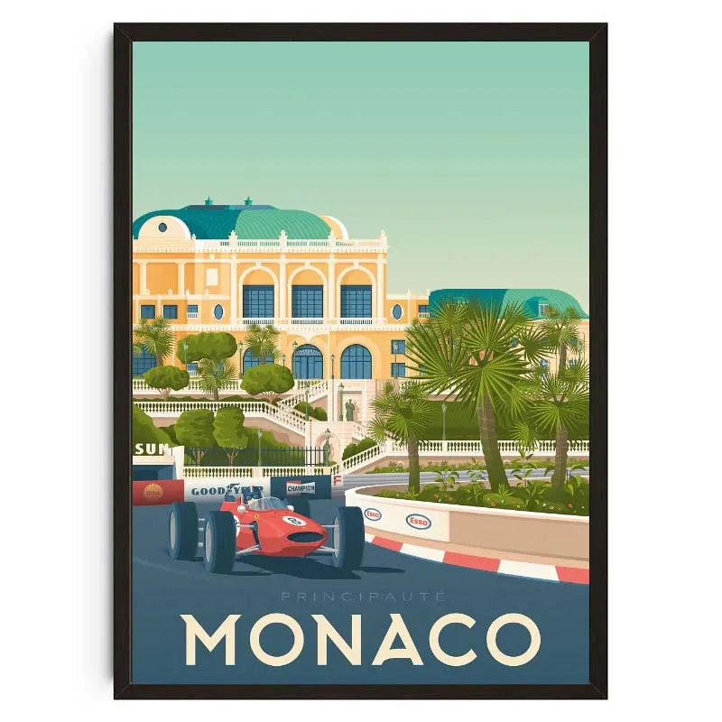 Poster of a red race car on a track with a building and palm trees in the background, featuring the word 'Monaco'.