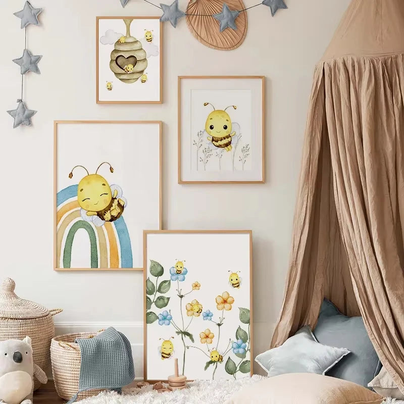 Children's room with wall art featuring cartoon bees and flowers, a beige canopy, and soft toys.