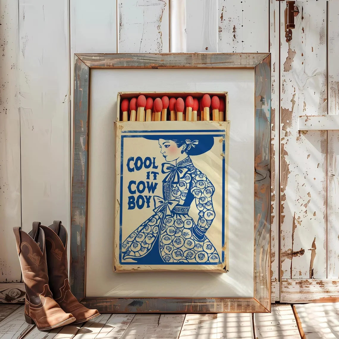 Framed matchbox art with a cowboy design on a rustic wooden surface