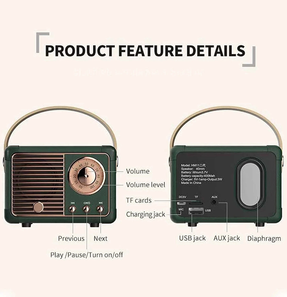 Vintage-style portable radio with labeled features on a white background