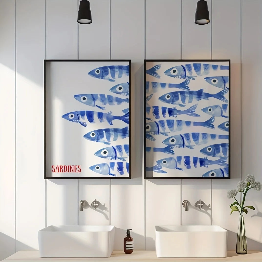 Bathroom interior with framed artwork of blue fish and 'Sardines' text.
