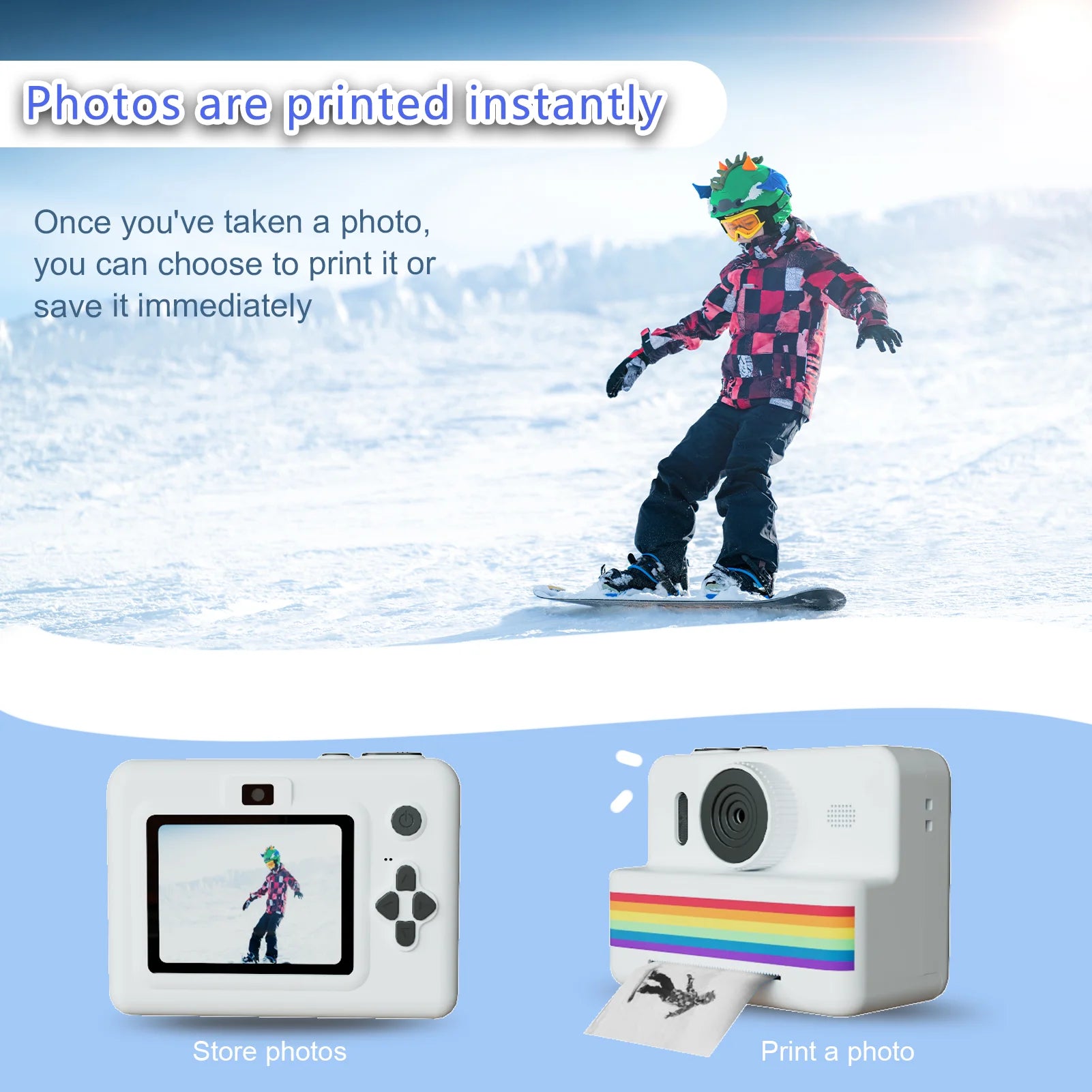 Children’s instant print camera with 2.8-inch screen and rotating lens in colourful design.
